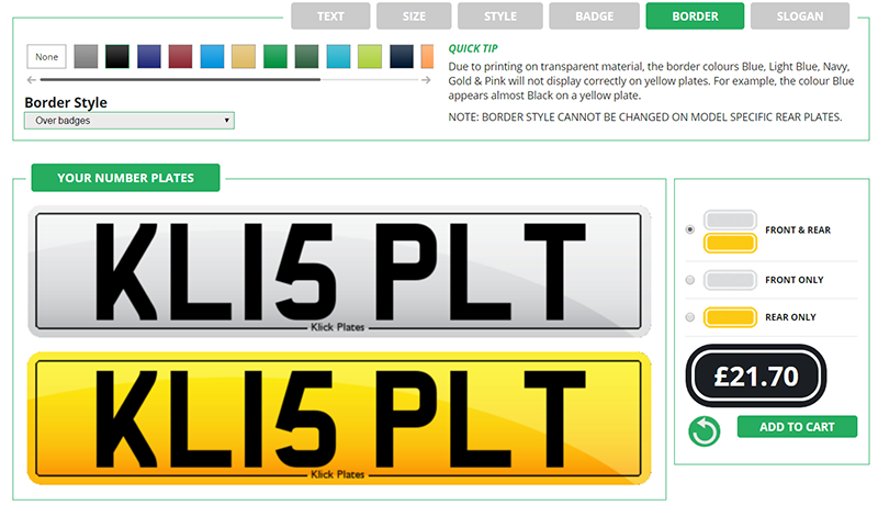 How to change Number Plate Borders on Klick Plates
